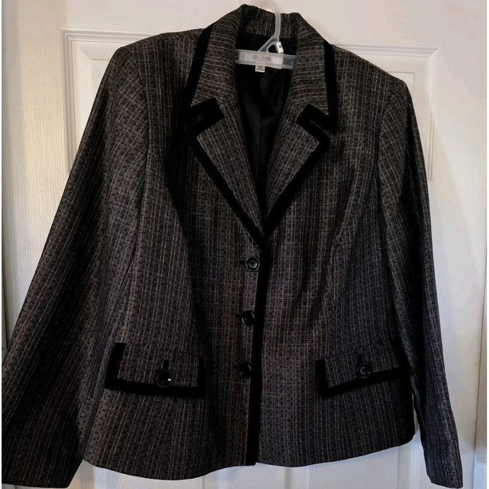 Jones Studio Jacket Womens 16W Bronze Crosshatch Woven Career Blazer Black Trim